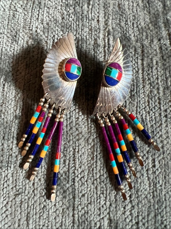 Native American Jewelry - Native American Sterling Silver Inlay Earrings in Purple, Blue & Turquoise